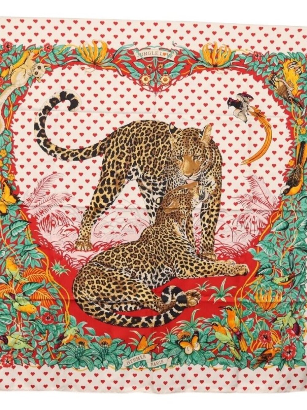HERMES Carre 90 Scarf ""JUNGLE LOVE"" Silk White Auth am10795SAM